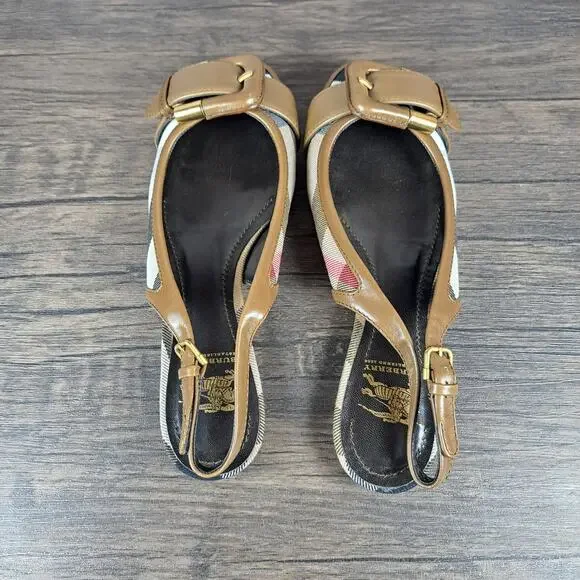 Burberry Flat Leather Sandals Brown/Plaid Slingback Novacheck Women's Sz 5.5